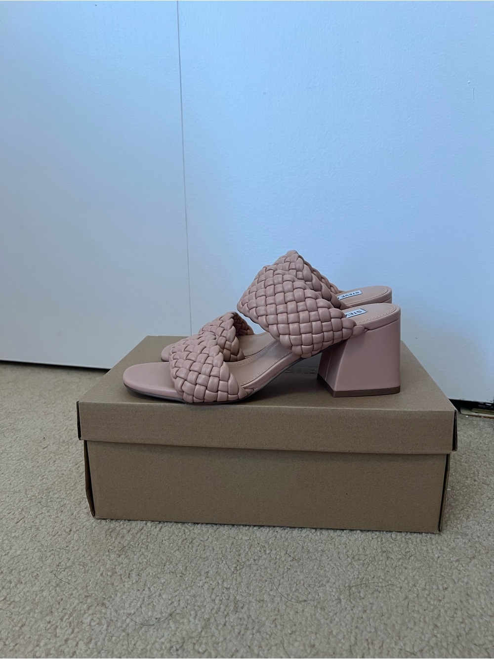 Steve Madden Tan Woven Block Heel Slide Sandals